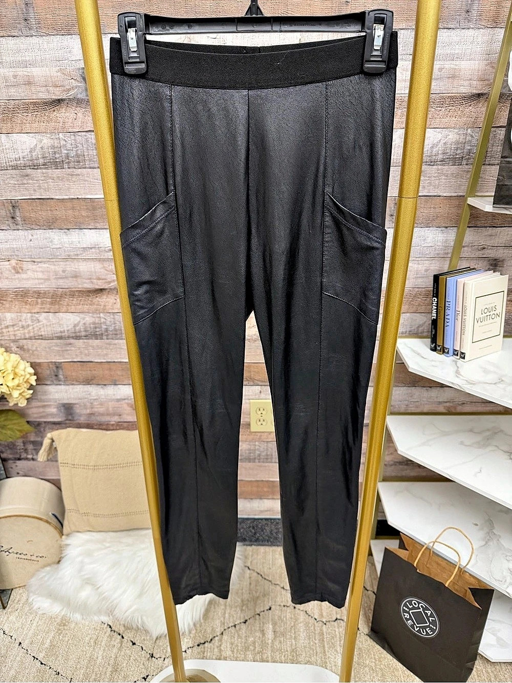 BCBGMAXAZRIA Black Faux Leather Leggings with Pockets